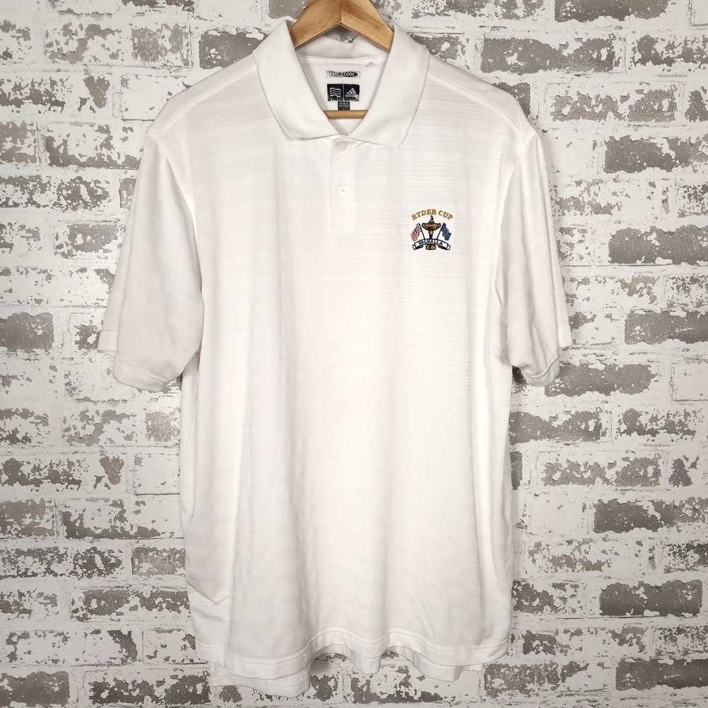 Adidas Golf Polo Shirt Mens White Large Ryder‎ Cup Valhalla USA Flags ClimaCool